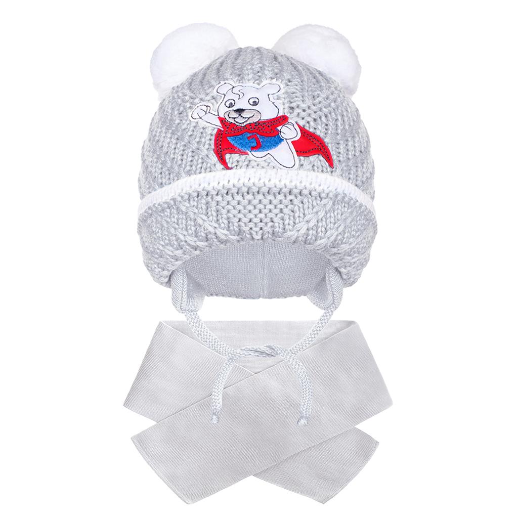 Zimná detská čiapočka so šálom New Baby medvedík J sivá