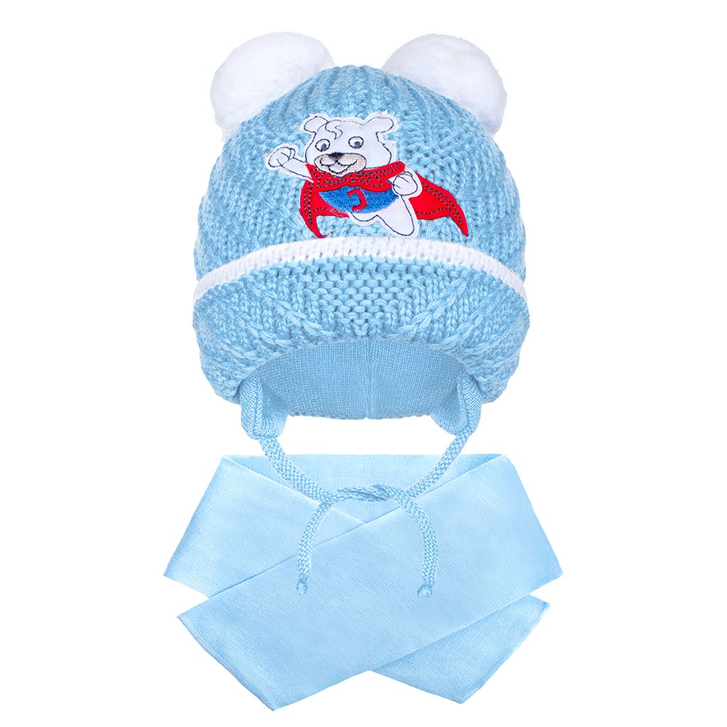 Zimná detská čiapočka so šálom New Baby medvedík J bledo modrá 104