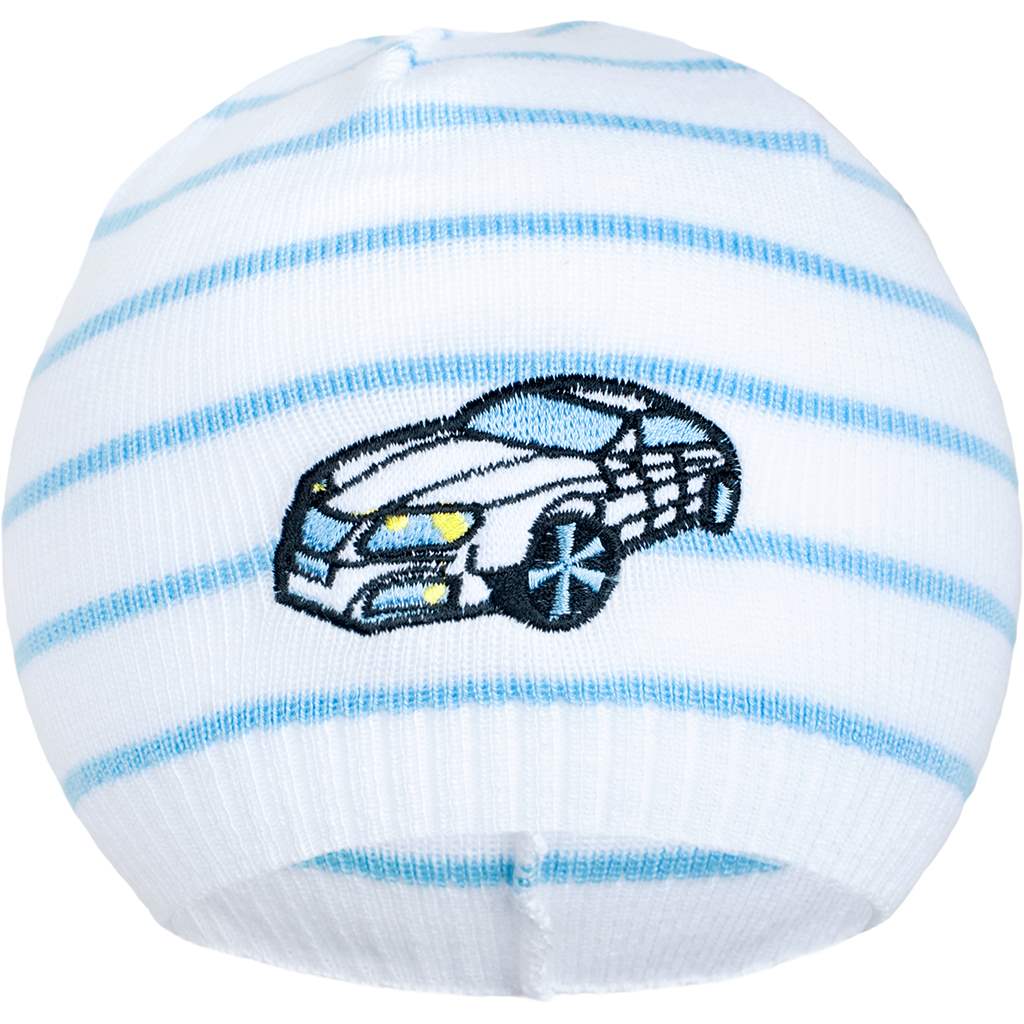 Jarná čiapočka New Baby s autíčkom bielo-modrá 104