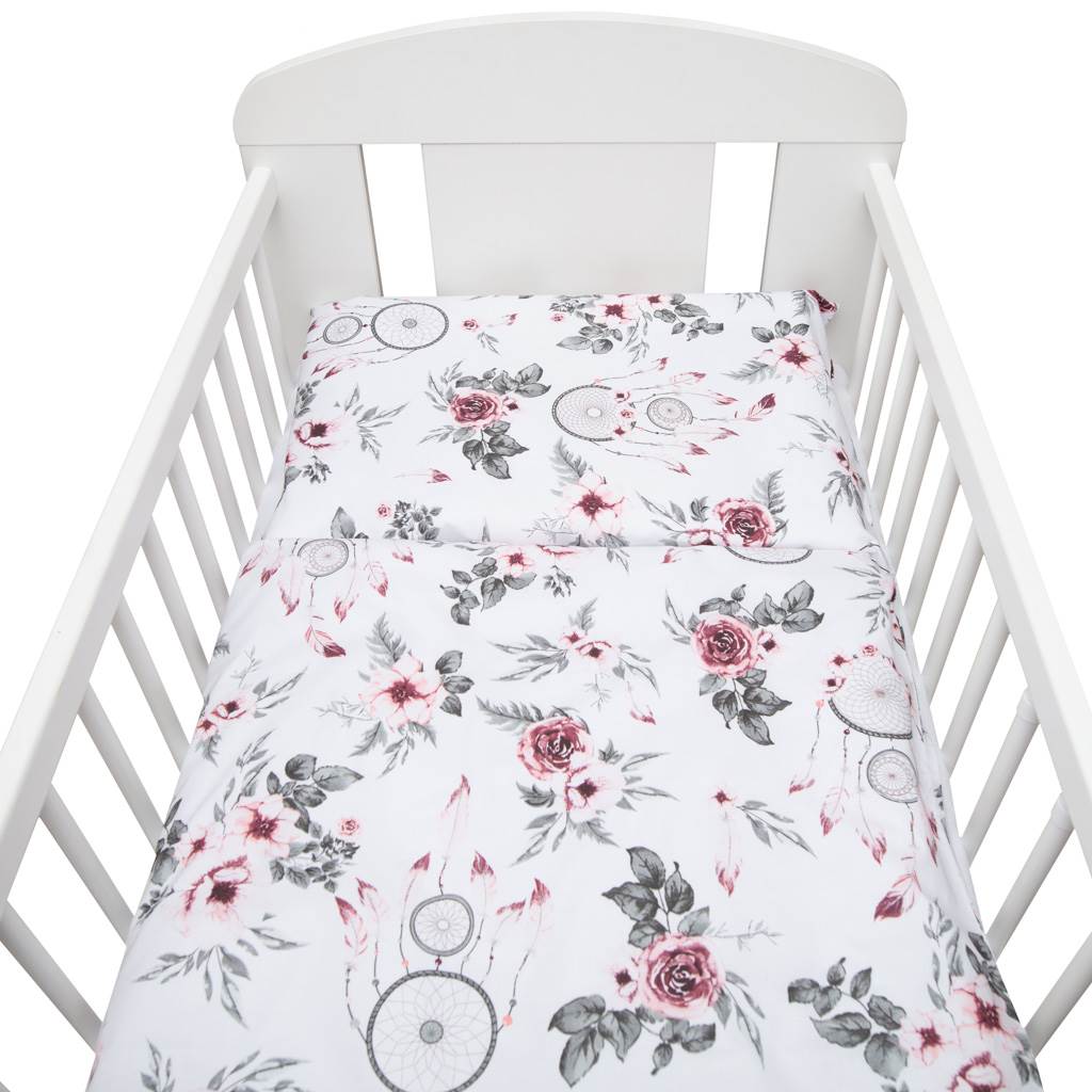 2-dielne posteľné obliečky New Baby 90/120 cm biele kvety a pierka, Biela