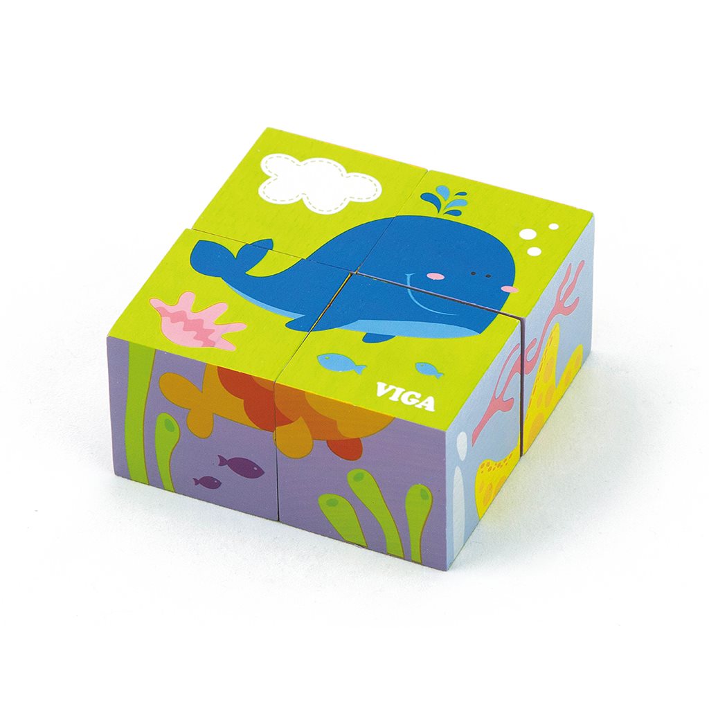 Drevené puzzle kocky pre najmenších Viga Veľryba, Multicolor