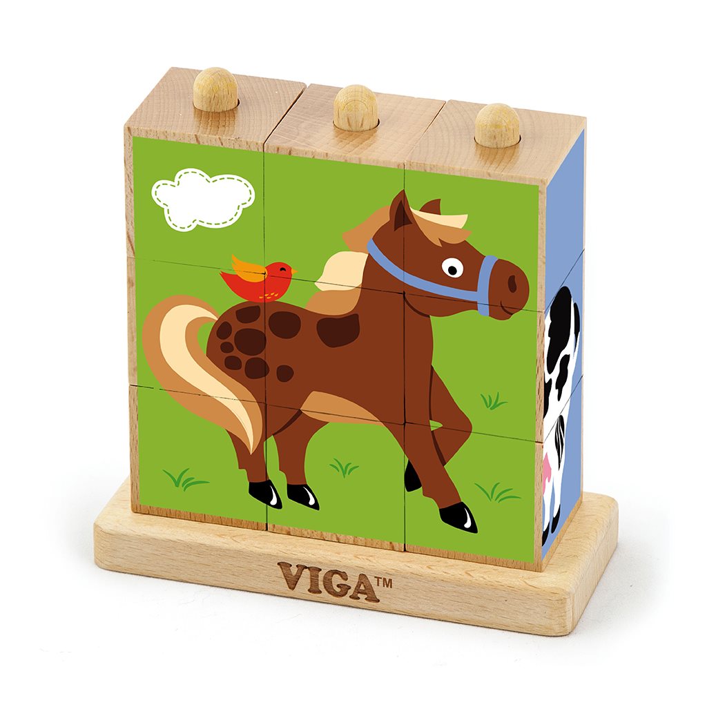 Drevené puzzle kocky na stojane Viga Farma, Multicolor