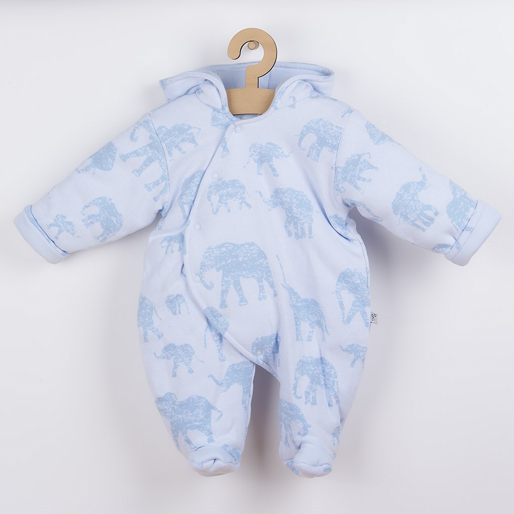 Zateplená dojčenská kombinéza s kapucňou Baby Service Slony modrá Modrá 68 (4-6m)