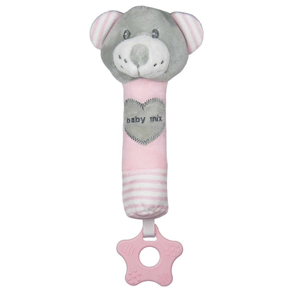 Detská pískacia plyšová hračka s hryzátkom Baby Mix medveď rúžový
