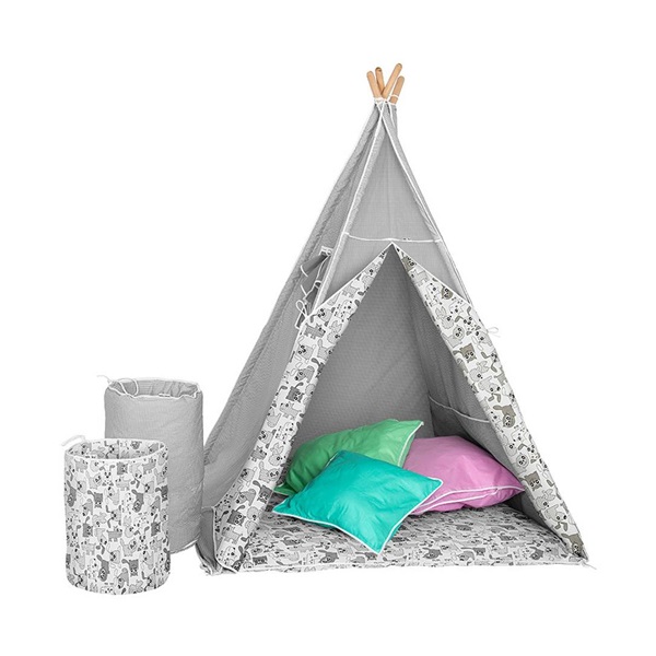 BAZÁRIK Detský luxusný stan s výbavou Teepee Akuku sivo-biely