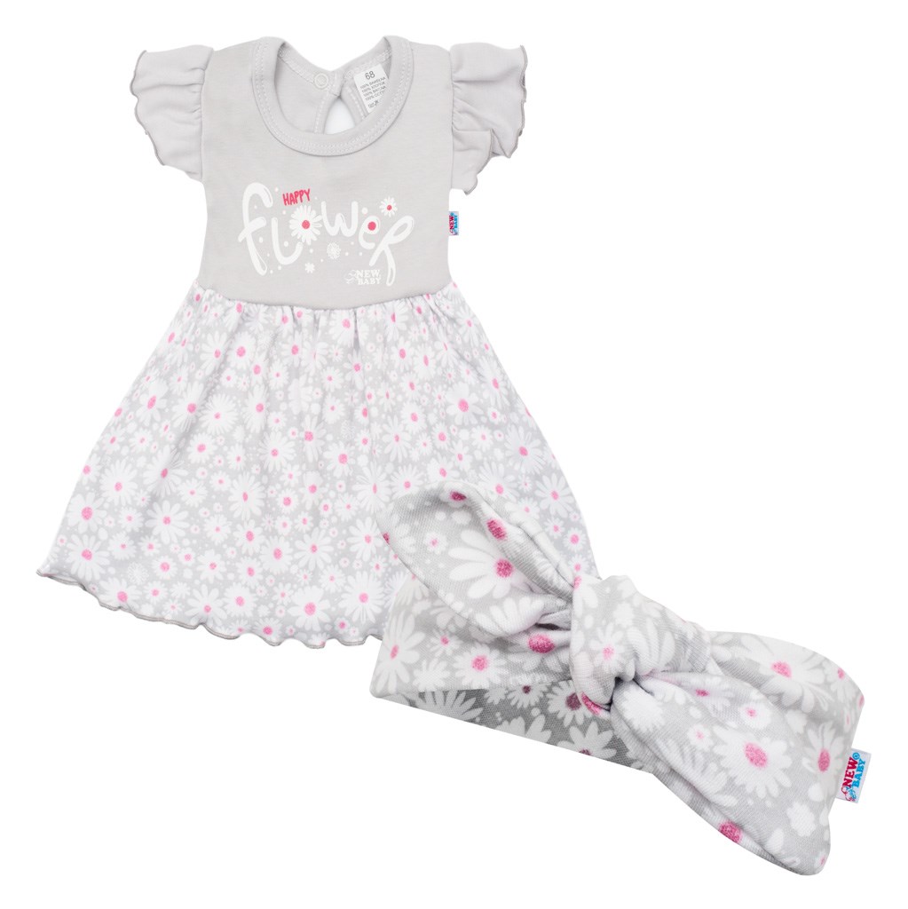 Dojčenské letné bavlnené šatôčky s čelenkou New Baby Happy Flower sivé-56 (0-3m)
