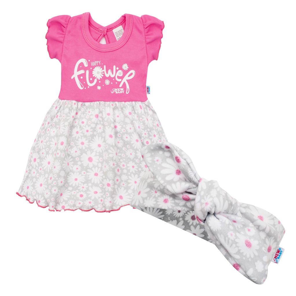 Dojčenské letné bavlnené šatôčky s čelenkou New Baby Happy Flower tmavo ružové-62 (3-6m)