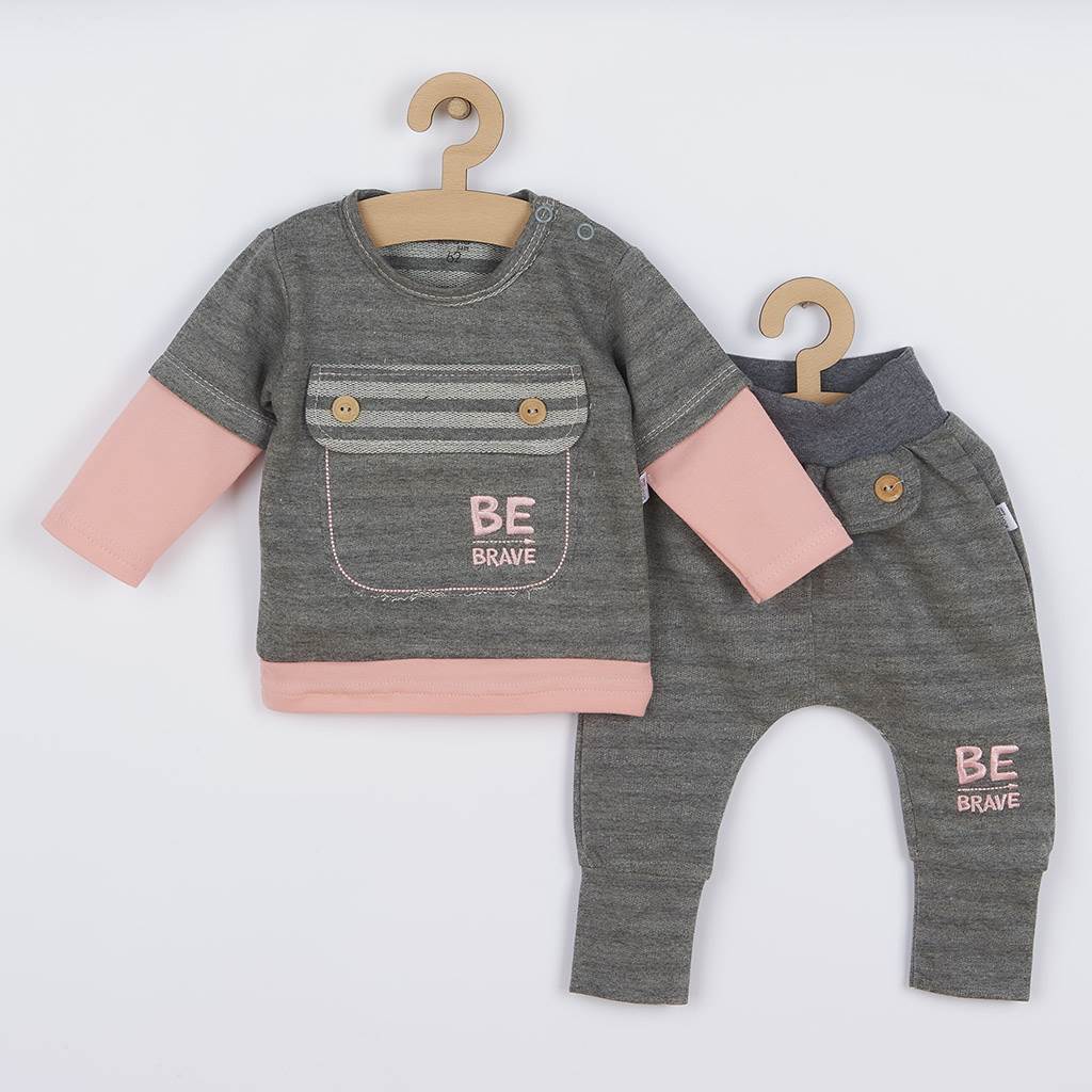 Dojčenské bavlnené tepláčky a tričko BE BRAVE sivo-ružové 62
