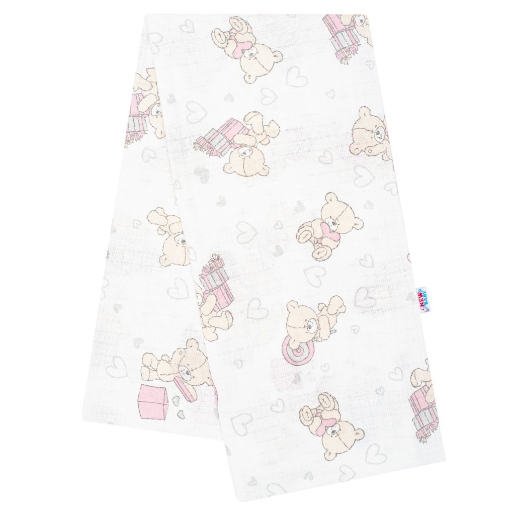 Bavlnená plienka s potlačou New Baby biela medvedík s rúžovým darčekom