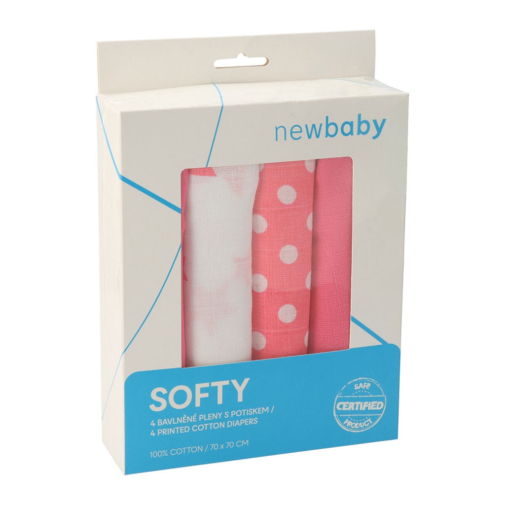 Látkové bavlnené plienky New Baby Softy s potiskom 70 x 70 cm 4 ks ružovo-biele