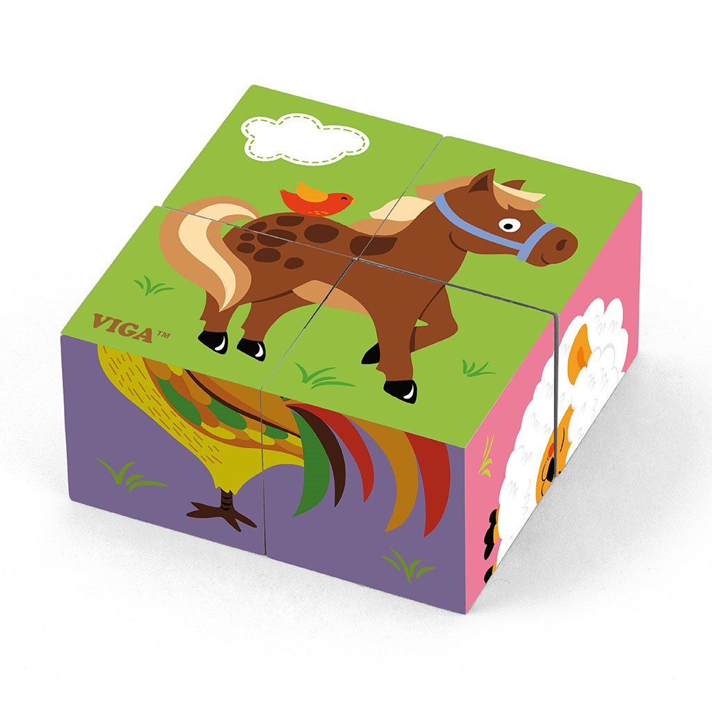 Drevené puzzle kocky pre najmenších Viga Farma, Multicolor
