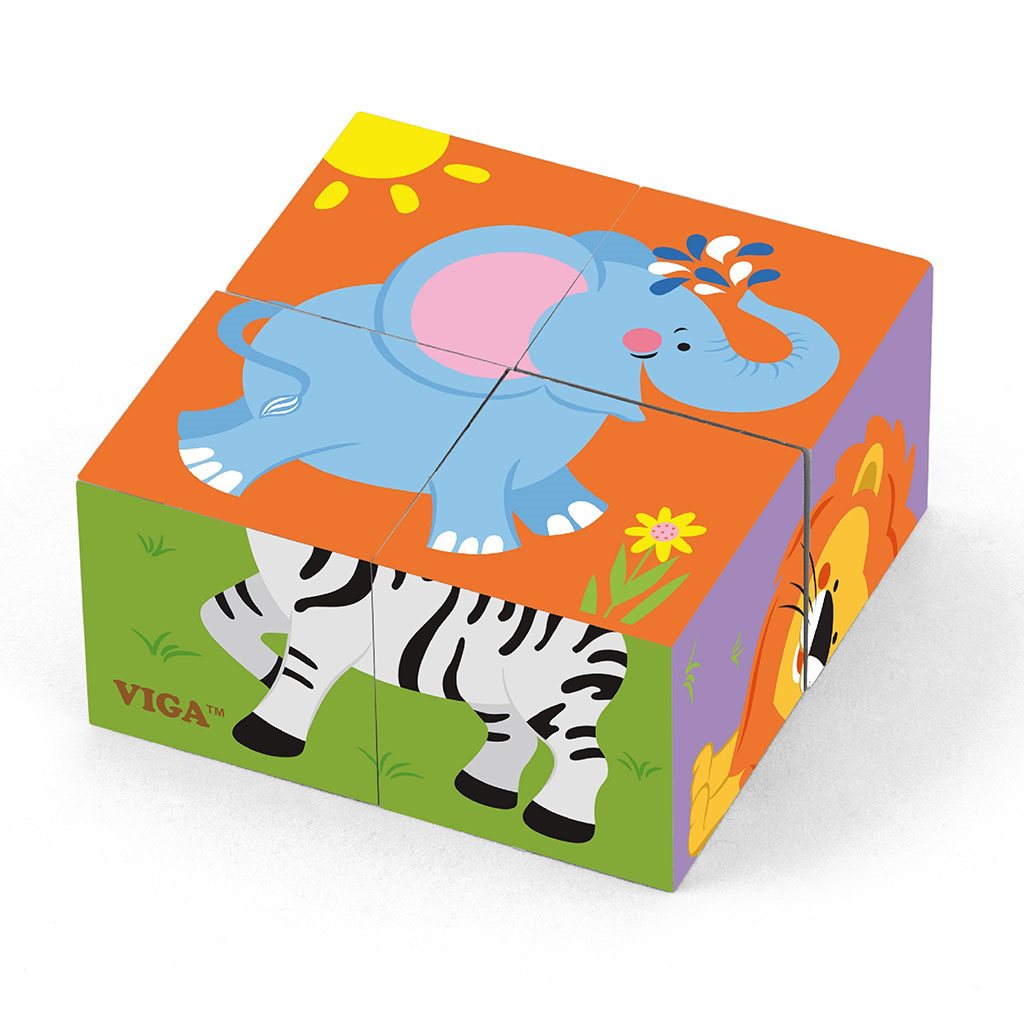 Drevené puzzle kocky pre najmenších Viga Zoo, Multicolor