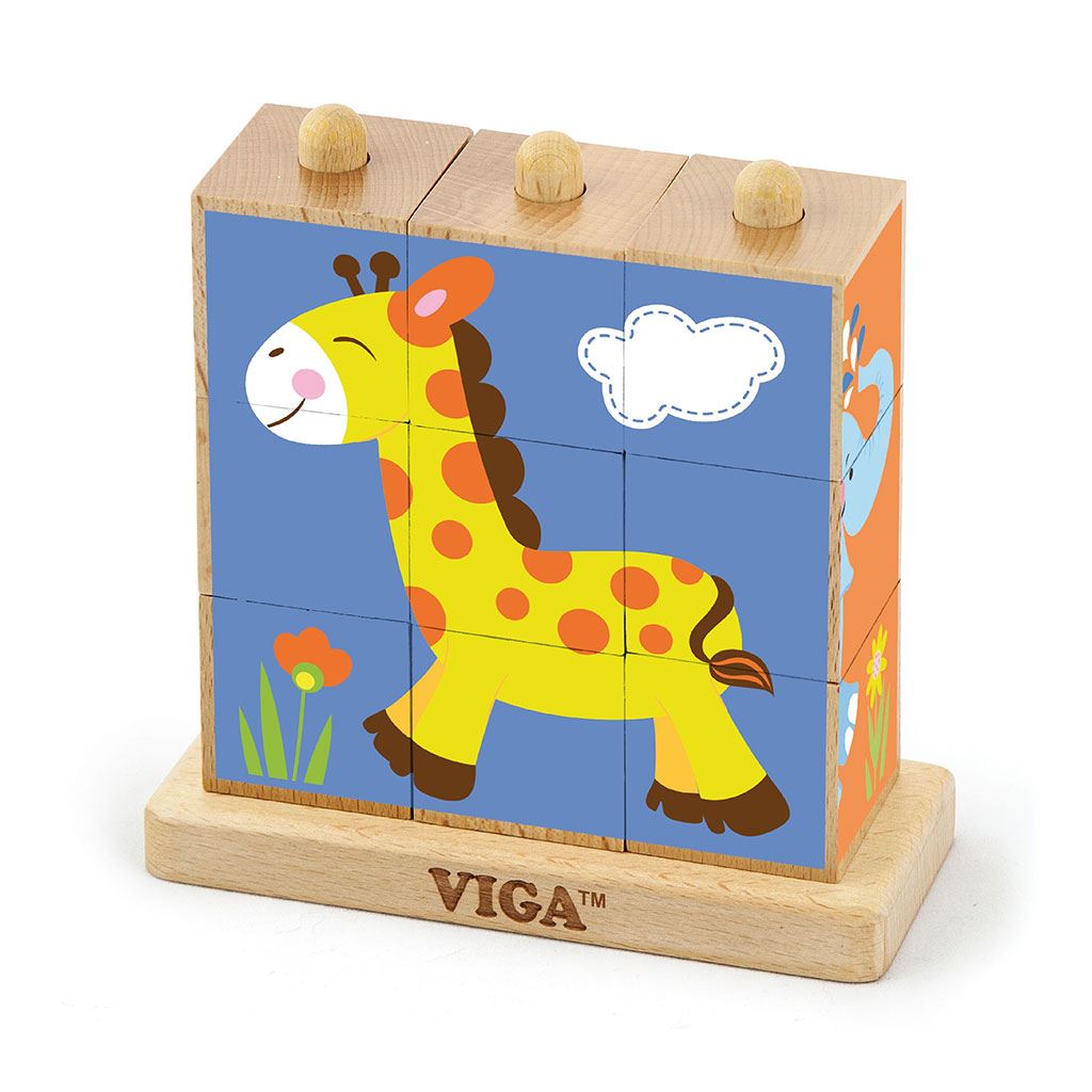 Drevené puzzle kocky na stojane Viga Zoo, Multicolor