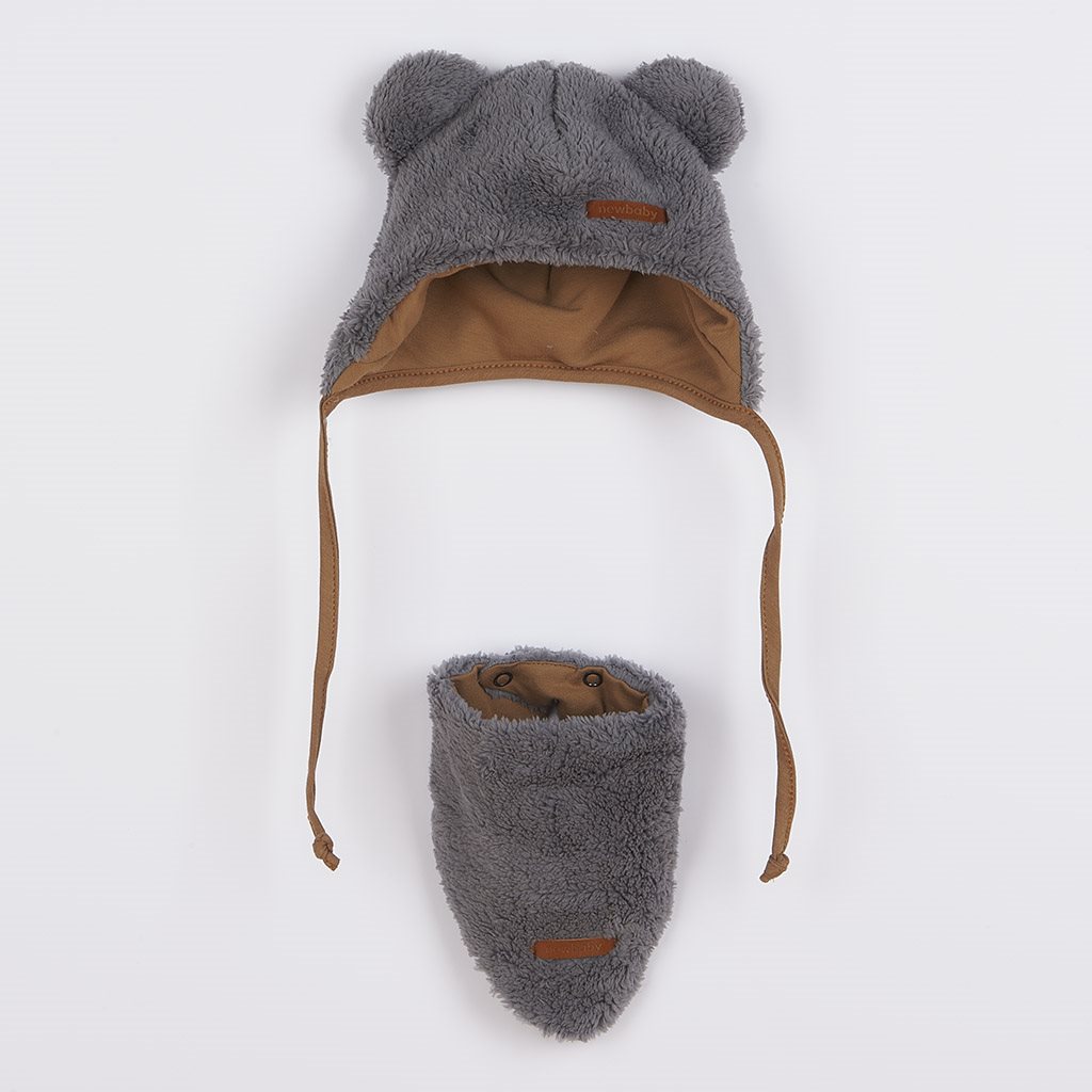Zimná dojčenská čiapočka so šatkou na krk New Baby Teddy bear šedá-56 (0-3m)
