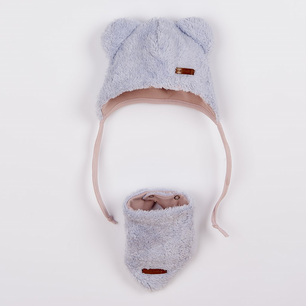 Zimná dojčenská čiapočka so šatkou na krk New Baby Teddy bear šedo ružová-56 (0-3m)