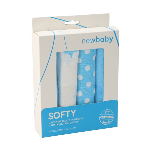 Látkové bavlnené plienky New Baby Softy s potiskom 70 x 70 cm 4 ks tyrkysovo-biele (poškodený obal)