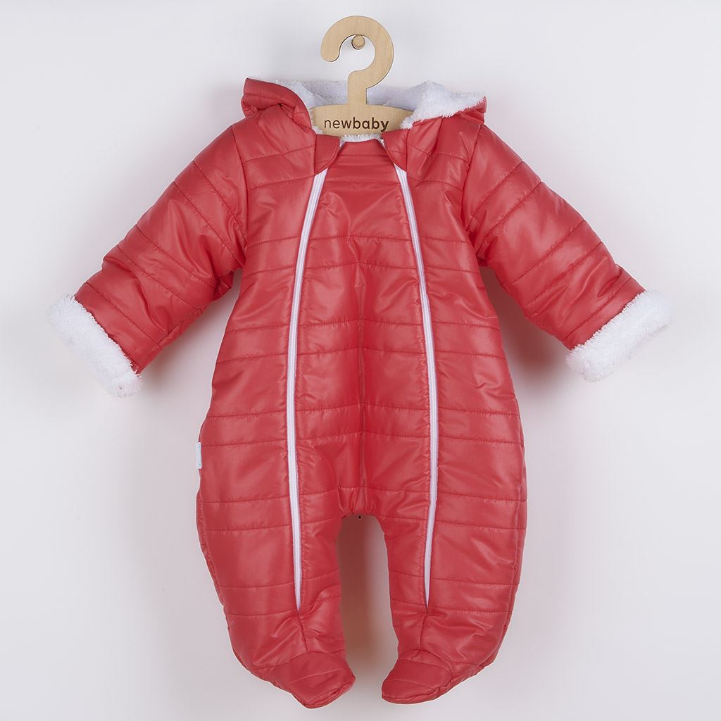 Zimná dojčenská kombinéza s kapucňou s uškami New Baby Pumi red raspberry