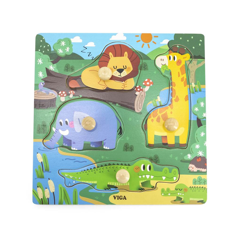 Detské drevené puzzle s úchytmi Viga Divoké zvieratá 4 ks