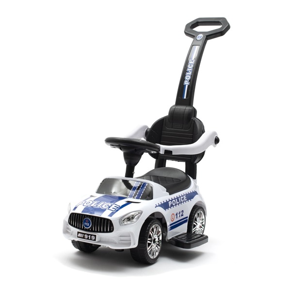 Detské odrážadlo so zvukom a vodiacou tyčou Baby Mix POLICE biele (POŠKODENÝ OBAL)