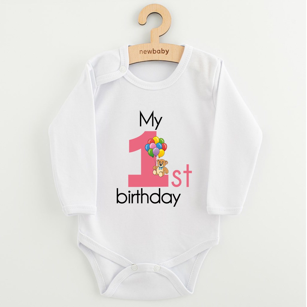 Detské body s potlačou New Baby My first birthday pink