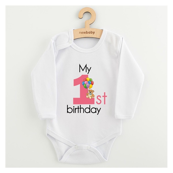 Detské body s potlačou New Baby My first birthday pink