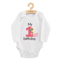 Detské body s potlačou New Baby My first birthday pink