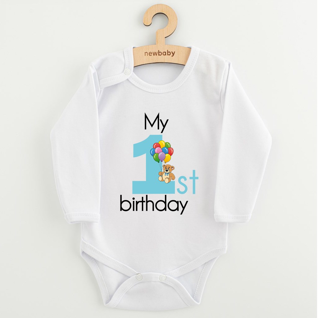 Detské body s potlačou New Baby My first birthday blue