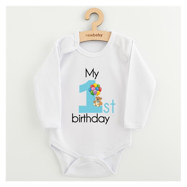 Detské body s potlačou New Baby My first birthday blue