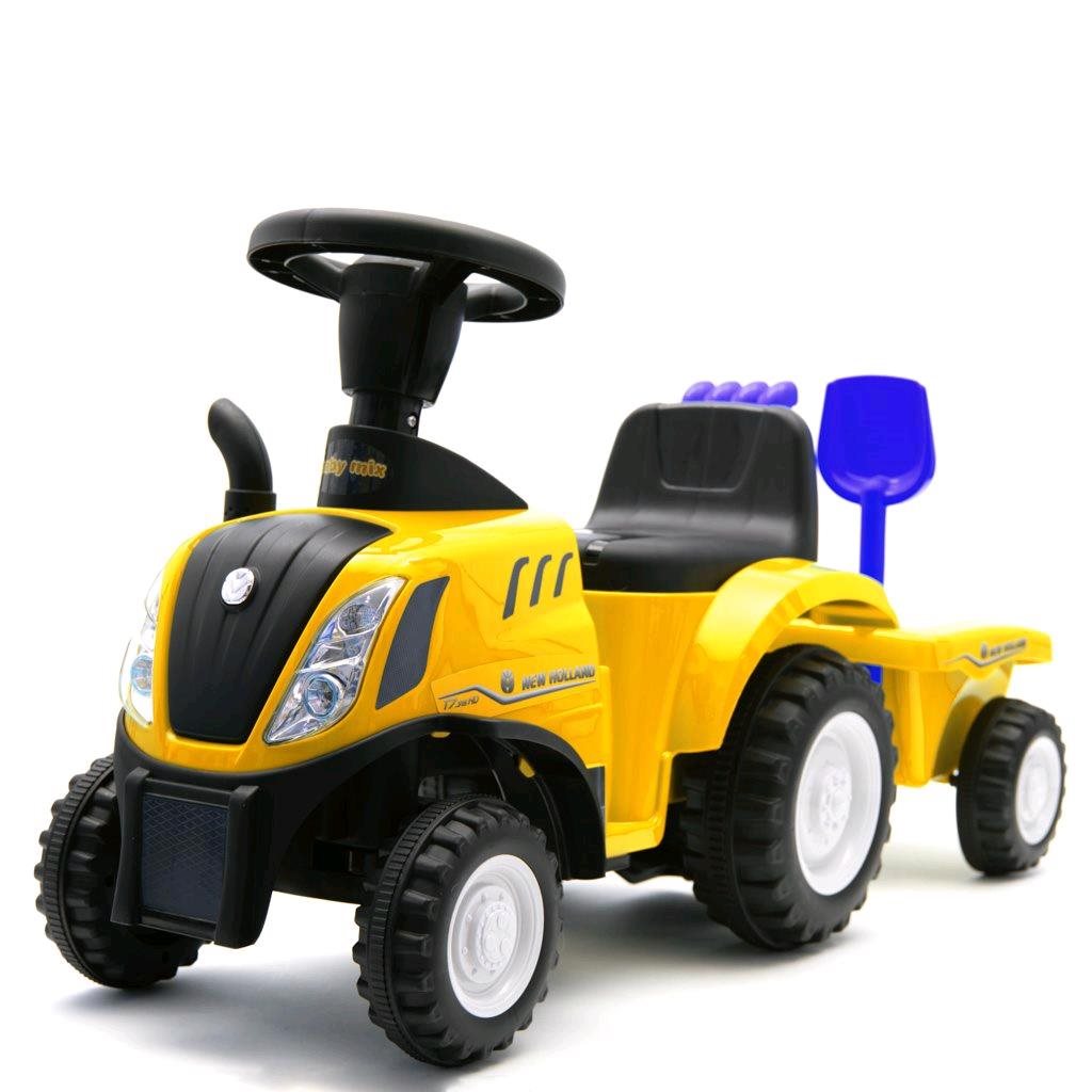 Detské odrážadlo traktor s vlečkou a náradim Baby Mix New Holland žltý (POŠKODENÝ OBAL)