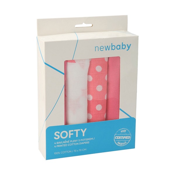 Látkové bavlnené plienky New Baby Softy s potiskom 70 x 70 cm 4 ks ružovo-biele (poškodený obal)